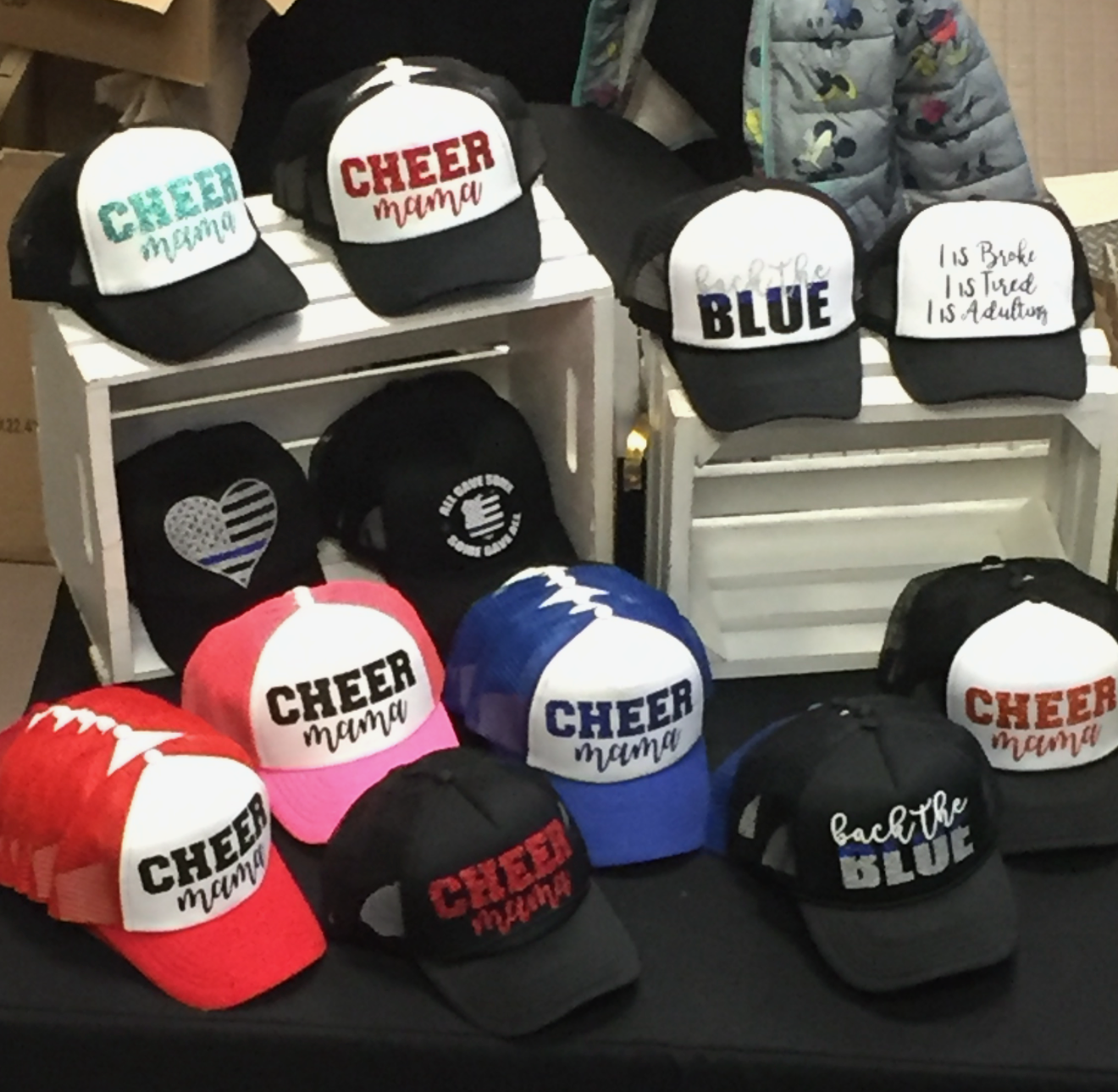 Custom printed Cheer Mama and Back the Blue trucker hats